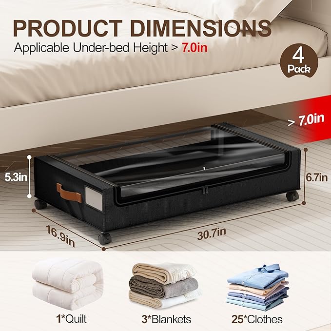 LAMU Under Bed Storage with Wheels, 4 Pack Under Bed Storage Containers with Clear Lid, XXL 60L Underbed Storage Bins, Rolling Under Bed Metal Drawers for Clothes, Blankets, Shoes, Black