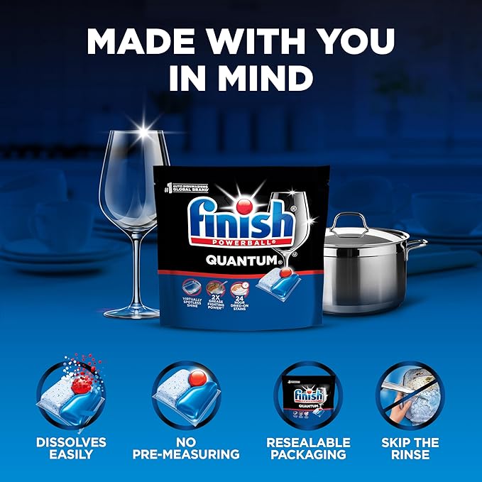 Finish Quantum Dishwasher Pods, No Pre-Rinse Dishwasher Detergent Soap Removes 24HR Dried-On Stain and Grease, Leaving a Virtually Spotless Shine, 100 Count