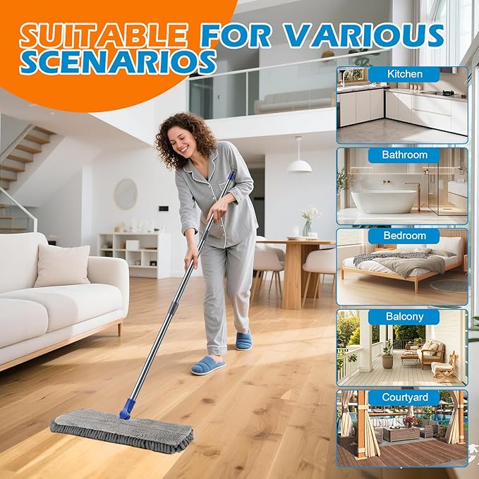 Mops for Floor Cleaning, Masthome Flat Dust Mop with 4 Reusable Pads, 2-Sided Microfiber Dust Mop for Wet & Dry Use, Flat Flip Mops for Hardwood, Laminate, Vinyl,Kitchen, Tile -1 Scraper