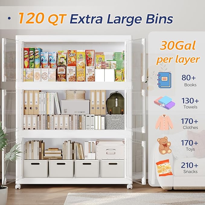 360Qt Stackable Storage Bins with Lid and Wheels, 90Gal Plastic Closet Organizer and Storage Drawer, Large Collapsible Storage Box Cabinet with Clear Door for Home Kitchen Office, 3Pack White