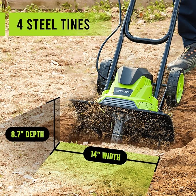 Steelite Electric Garden Tiller & Cultivator – 14-Inch 10 Amp Tilling Width, 4 Steel Tines, Foldable Handle & Adjustable Wheels | Compact Corded Rototiller for Effortless Soil Cultivation, Green