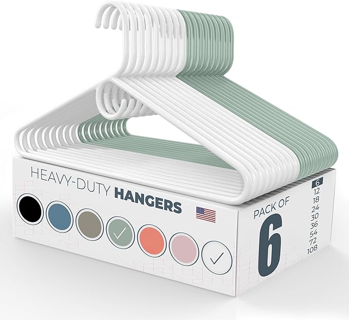 Neaties Heavy Duty Clothes Hangers 6 Pack – Made in the USA – 8lb Capacity Plastic Hangers for Adult Clothing – Durable for Pants, Coats, Jackets, or Jeans – White & Mint