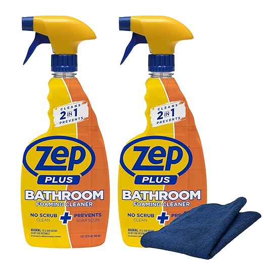 Zep Plus Bathroom Foaming Cleaner 32 oz (2 Units) with a Blue Microfiber Rag ECBD021 - Fight Soap Scum and Hard Water with our powerful Bathroom Cleaner and a Reusable Rag