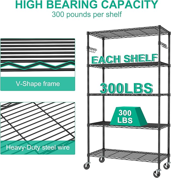 Folews 5 Tier Storage Shelves with Wheels - Adjustable Wire Shelving Unit Metal Shelves for Storage Rolling Utility Shelf Organizer Rack for Kitchen Garage Pantry Closet Laundry(14D x 36W x 75H)