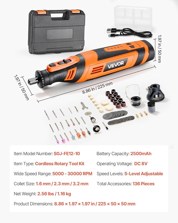 VEVOR 136-Piece Cordless Rotary Tool Kit, DC8V Portable Mini Power Rotary Tool, 5 Speeds 5000-30000RPM Multi-Purpose DIY Tools for Engraving, Sanding, Polishing, Carving, Grinding, Cutting, DIY Craft