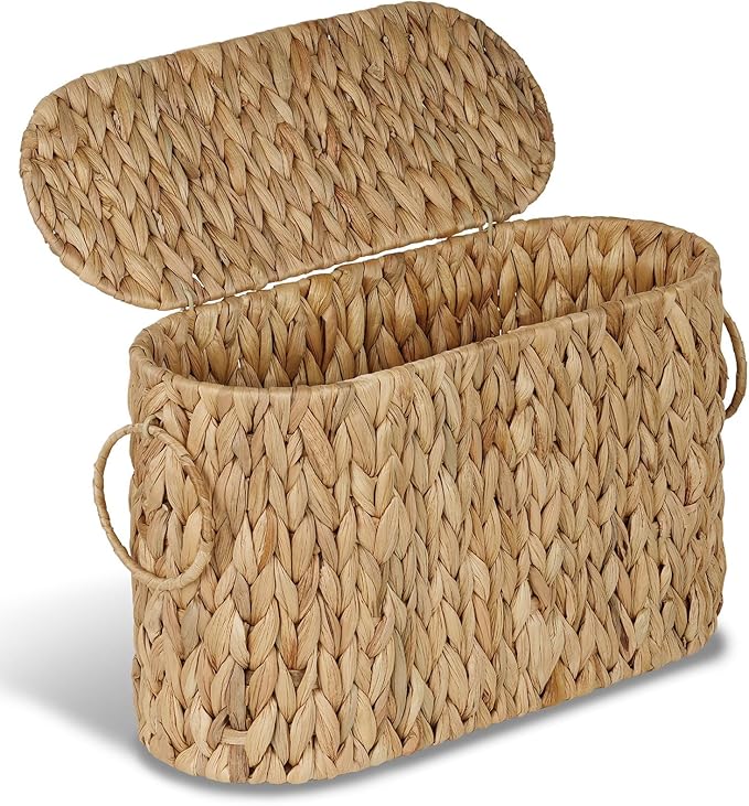 Toilet Paper Storage Basket,Water Hyacinth Wicker Basket with Lid and Handles for Bathroom Organizer and Storage,Toilet Paper Holder Stand with Storage,Papers Container for up to 6 Mega Rolls