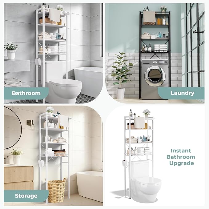 GRUSIGN Over-The-Toilet Storage Shelf, 4-Tier Bathroom Organizer Shelf, Freestanding Space Saver Shelves Over Toilet with Adjustable Shelf for Bathroom, White