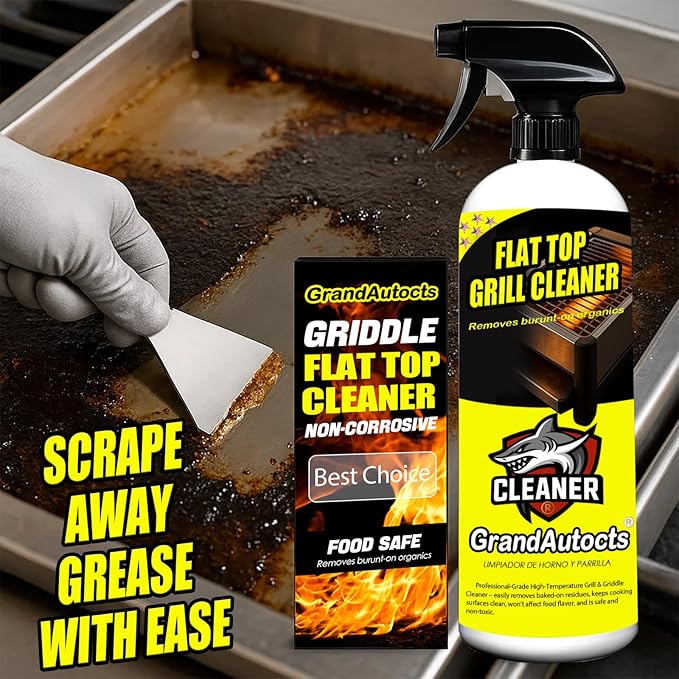 Flat Top Grill Cleaner Kit， Grill & Griddle Cleaner - Non-Toxic Food Safe & Non-Caustic Formula, Removes Burnt-On Grease/Carbon (2 Pcs + Cleaning Tools)