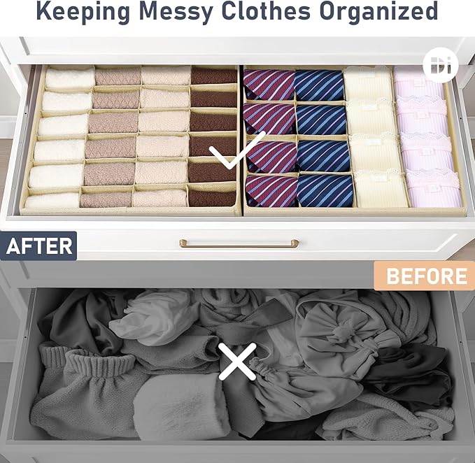 Joyoldelf Sock Drawer Organizer Divider 4 Packs Underwear Organizer, 2 x 24 Cell + 2 x 16 Cell Closet Organizers and Storage Sock Holders for Storing Socks, Handkerchiefs, Ties, Belts (Beige)