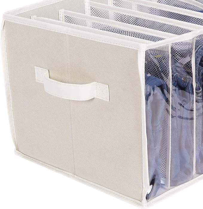 Zilink Upgraded Wardrobe Clothes Organizer with Support Board Clear Jean Organizers for Closet with 7 Grids Divider Extra Large Sweater Organizer for Closet for Jean Pant Sweaters T-Shirt,3 Pack,Beige