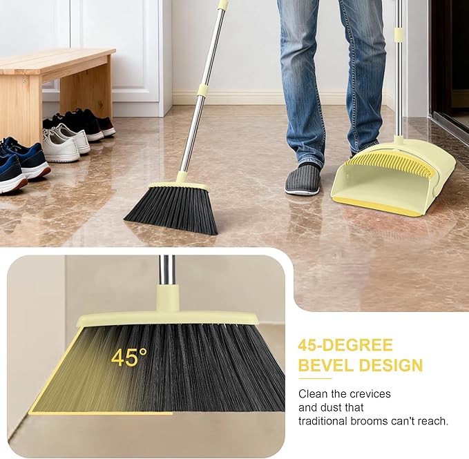 Broom and Dustpan Set House Brooms for Sweeping Indoor Collapsible Broom and Dust Pan Combo for Home Office Kitchen Lobby Floor Pet Hair (Small-Yellow)