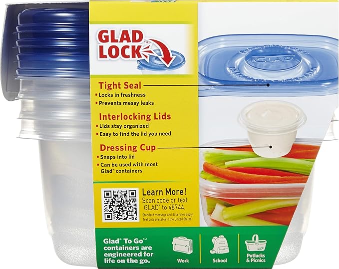 Glad GladWare To Go Snack Food Storage Containers with Lids, Medium Rectangle No BPA Plastic with Built-In Dressing Cup for Salads and Snacks, Microwave Dishwasher Safe, 24 Oz, 4 Count - 6 Pack