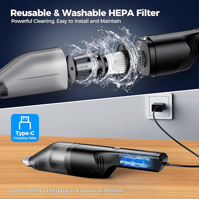 Handheld Vacuum Cordless -Car Vacuum Portable Cordless Cleaner with 11000Pa Powerful Suction,1.2lbs Lightweight, Type-C Charge, Multiple Accessories, Portable Hand Vacuum for Home, Pet and Car