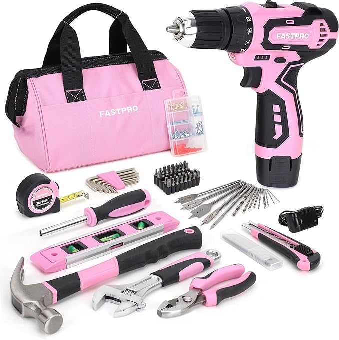 FASTPRO 175-Piece 12V Pink Drill Set, Cordless Lithium-ion Driver and Tool Kit, House Repairing Tool with 12-Inch Storage Bag, For DIY, Home Maintenance