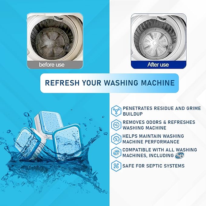 24 Washer Cleaner Tablets – Deep Cleans & Deodorizes All Washers, Removes Grime & Odor, Powerful Descaling Formula, Eco-Friendly, 1-Year Supply, Septic Safe