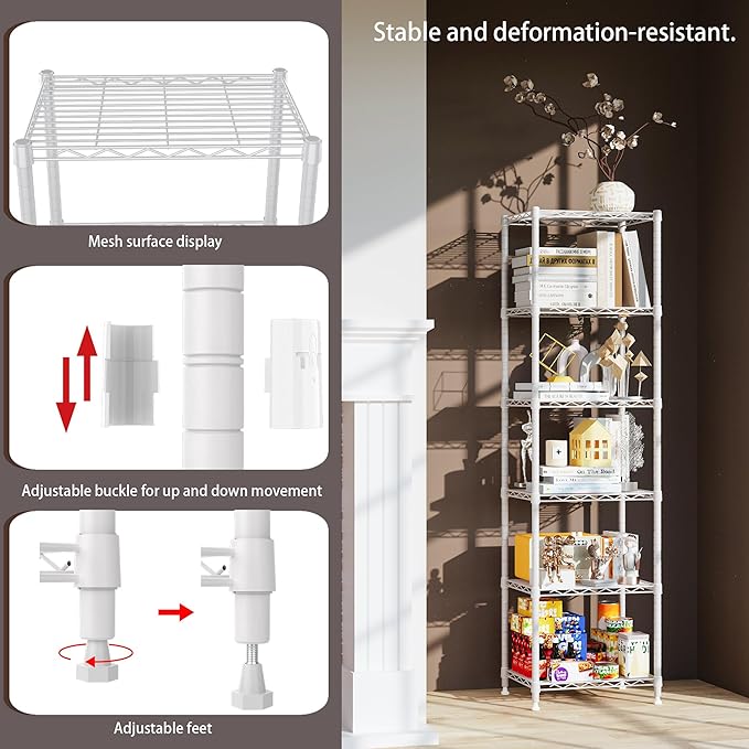 REGILLER 6 Wire Shelving Steel Storage Rack Adjustable Unit Shelves for Laundry Bathroom Kitchen Pantry Closet (16.7L x 11.9W x 64H, White)