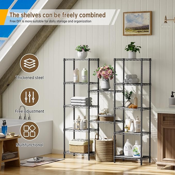 Golpart 6 Tier Shelf Adjustable Storage Mesh Gaps Metal Utility Shelves Wire Shelving Unit Organizer Rack for Home Kitchen Office Bathroom Pantry Room10 D x 16" W x 60" H Black