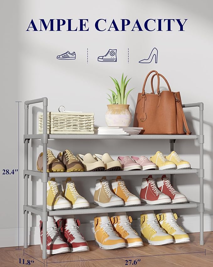Kitsure Shoe Rack - 3-Tier Shoe Organizer, Shoe Rack for Closet, Entryway, Bedroom, Easy- Assembly Storage Shelf with Side Handles, 27.6" Wide - 3 Tiers, Grey