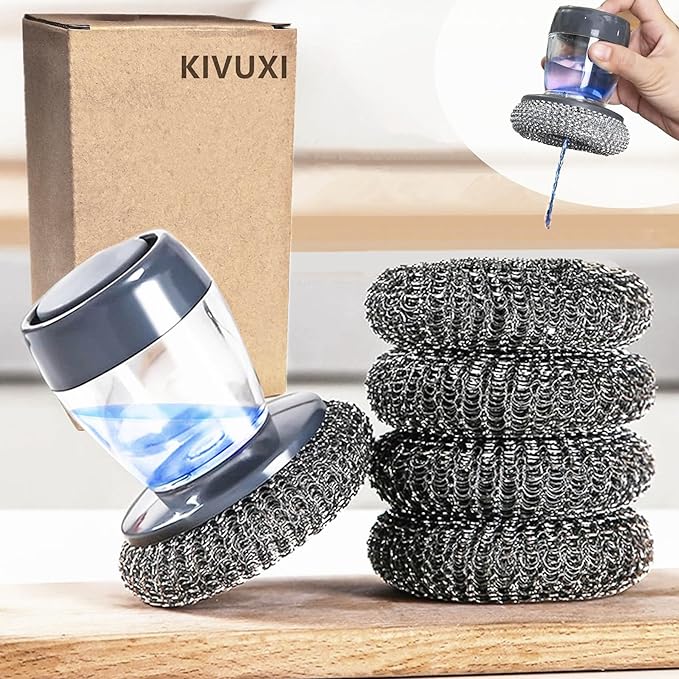Dispensing Steel Wool Scrubber, Heavy Duty Stainless Scouring Pad with Dispenser, Brush with Soap Dispenser, Steel Sponge Scourer for Kitchen, Dishes, Pan, Stove, Grill, Cast Iron 1+4