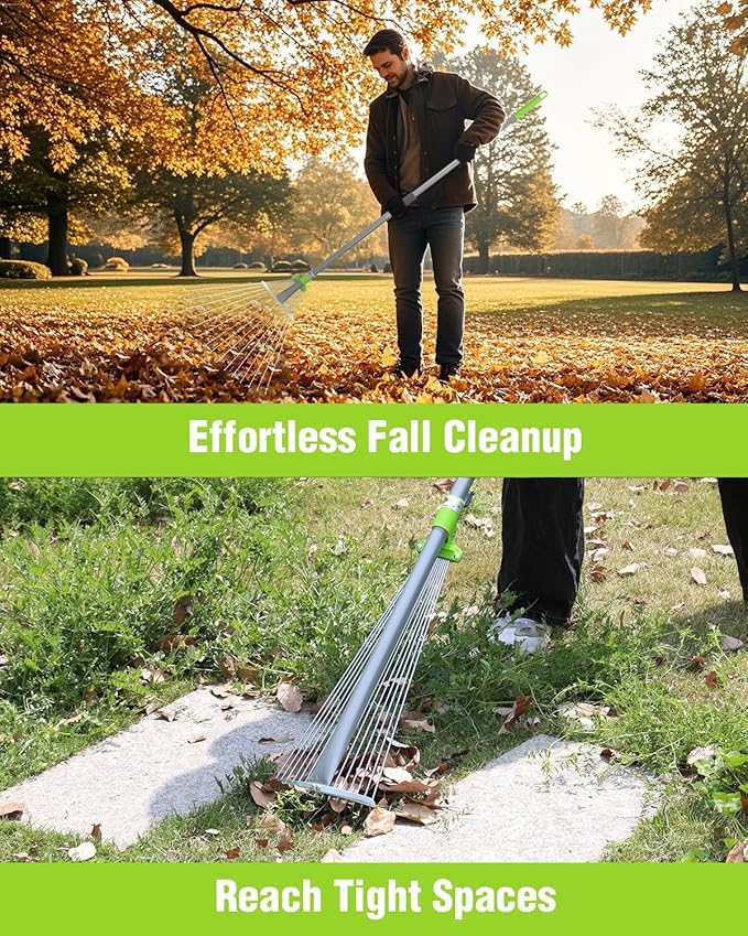 WORKPRO Leaf Rake for Gardening, Adjustable Metal Garden Rake for - Collapsible & Telescopic, Long Handle 32”- 63”, Heavy Duty Metal Rakes Tool for Garden, Yard, & Lawn