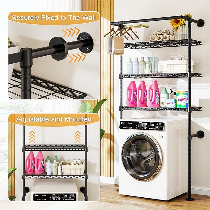ULIFHOME U17 Wall-Mounted Over Washer and Dryer Storage Shelves, Without Moving Washer or Dryer Laundry Room Storage Rack with Hanger Rod, 35" W x 22" D x 86.2" H, Holds 352 lbs, Black