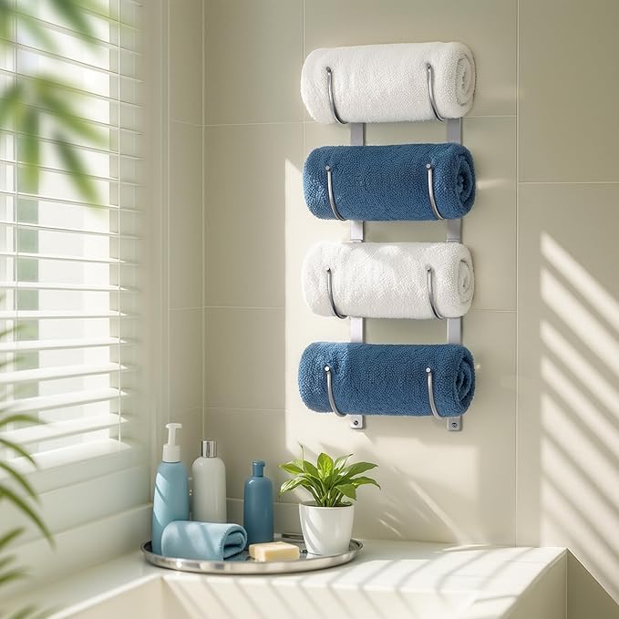 Bathroom Rolled Towel Rack: 4-Tier Wall Mounted Towel Storage Holder, Hanging Organizer for Towels, Blankets, Large Bath Sheets, Space Saving in RV, Closet, Toilet, Cabinet, Silver