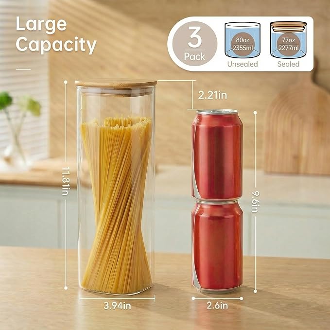 HomArtist Square Glass Jars with Bamboo Lids 79 FL OZ [Set of 3], Glass Canisters with Airtight Lid, Glass Food Storage Containers for Spaghetti, Fettuccine, Linguine,Pasta, Best for Kitchen & Pantry