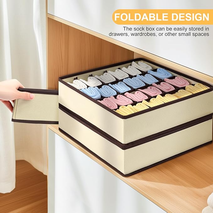 Sock and Underwear Organizer 2 Pack, 24 Cell Foldable Drawer Storage for Socks, Ties, Belts (Beige)