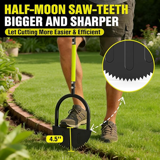 Houselife Half Moon Edger for Landscaping, 42" Manual Grass Edger Tool with V-Shape Serrated Blade, Long Handle Garden Edger for Sidewalk, Driveway & Flower Bed, 9" Wide Footplate