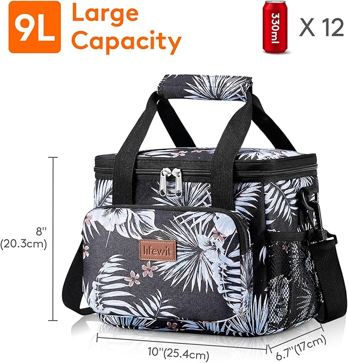 Lifewit Medium Lunch Bag, Insulated Lunch Box, Soft Cooler Cooling Tote for Adult Men Women, Flower 12-Can (9L)