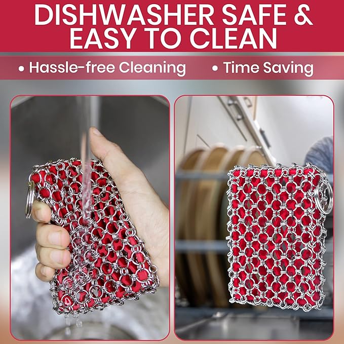 Cast Iron Scrubber Chainmail - 316L Cast Iron Cleaner Scrubber and Bamboo Cloth Set - Chain Mail Scrubber - Stainless Steel Chainmail Scrubber for Skillet, Pan, Dutch Oven - Essential Accessory