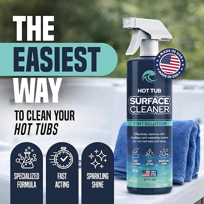 Hot Tub Surface Cleaner – Fast Acting Formula, Easy Spray & Wipe Use, For Acrylic, Vinyl, Fiberglass, Inflatable, Swim Spa & Jet Tubs, Removes Dirt, Grime & Waterline Residue – Made in USA, 16 oz