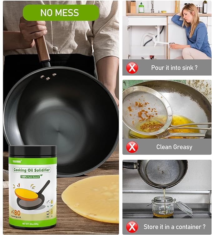 Cooking Oil Solidifier Powder, Solidifies Up to 80 Cups from Mess, 100% Plant-Based Used Oil Solidifying Powder, Grease Hardener Disposal for Kitchen