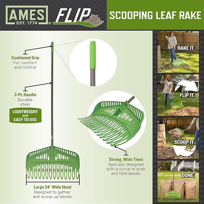 Flip Scooping Leaf Rake, Heavy Duty Lawn and Yard Care, Extra Wide Head, Green