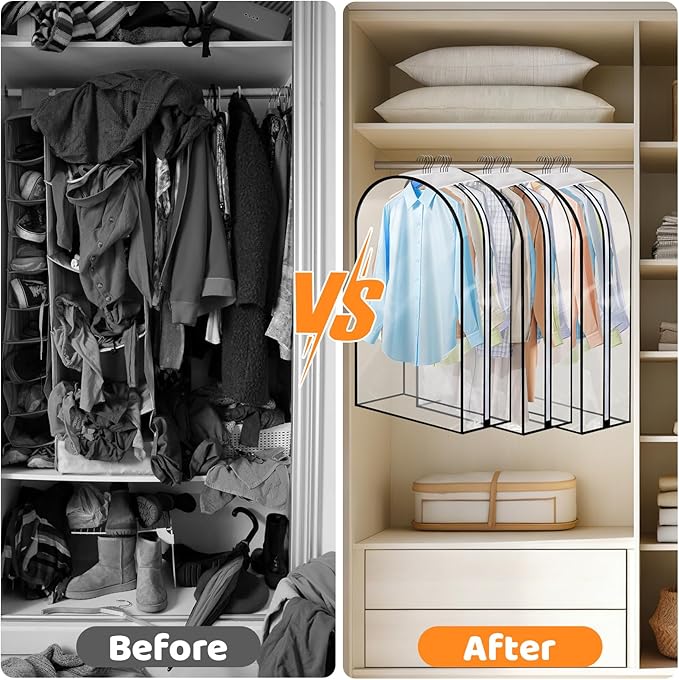 4 Pack Full Clear Garment Bags with Side Zipper, 40" Clothes Covers with 10" Gusset, Transparent Hanging Suit & Coat Covers for Closet Storage, Jackets, Dresses, Windbreakers