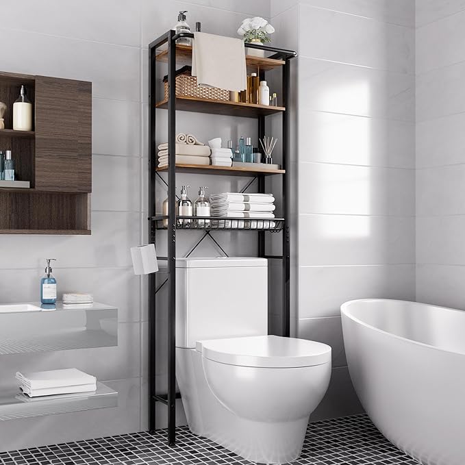 GRUSIGN Over-The-Toilet Storage Shelf, 4-Tier Bathroom Organizer Shelf, Freestanding Space Saver Shelves Over Toilet with Adjustable Shelf for Bathroom, Brown