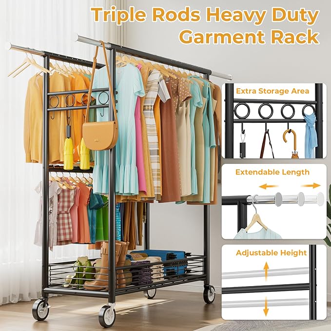 Heavy Duty Clothes Rack Load 960LBS, Three Rods Rolling Clothing Racks for Hanging Clothes, Rolling Garment Rack With Sturdy Wheels Shelves Hooks, Portable & Adjustable Commercial Garment Rack, Black