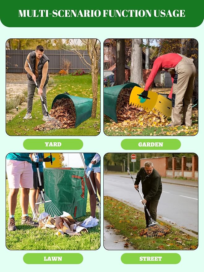 Adjustable Metal Leaf Rake Set Garden Rake for Leaves Long Handle 37"-63" Expandable Head Gardening Tools Set Includes 44 Gallon Bag & Scoop & Gloves Rakes for Lawns Heavy Duty for Yard Lawn Garden