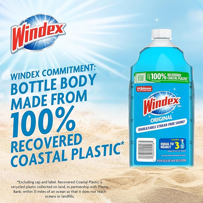Windex Refill Glass and Window Cleaner Bottle, Bottle Made from 100% Recycled Plastic, Surface Cleaning Spray, Original Blue Scent, 2L (67.6 Fl Oz)
