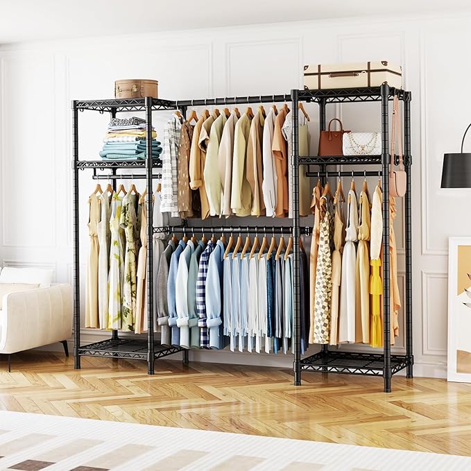 Ulif E7 Garment Rack, Heavy Duty Clothes Storage System with Extendable Hangers Rods, Metal Clothe Rack with 6 Wire Shelves, (52.3"-72") W x 14.5" D x 71.2" H, Load 838 LBS