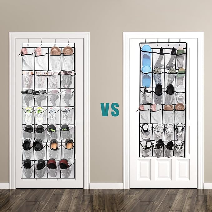 VOPTON 28Large Pockets Over The Door Shoe Organizer, Hanging Shoe Organizer for Closet, Premium Clear Shoe Rack for Door, Shoes Hanger Organizers Storage Holder for Back of Door and 4Metal Hook White