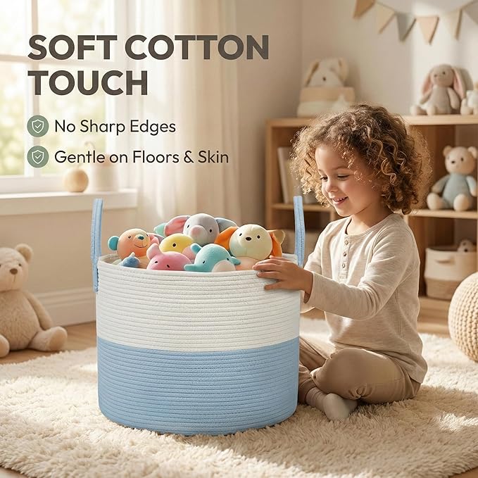 JMvicyroam 115L Extra Large Blanket Basket for Living Room - Woven Cotton Rope Laundry Hamper with Reinforced Handles - Storage Bin for Pillows, Comforters & Toys - Machine Washable,White&Blue