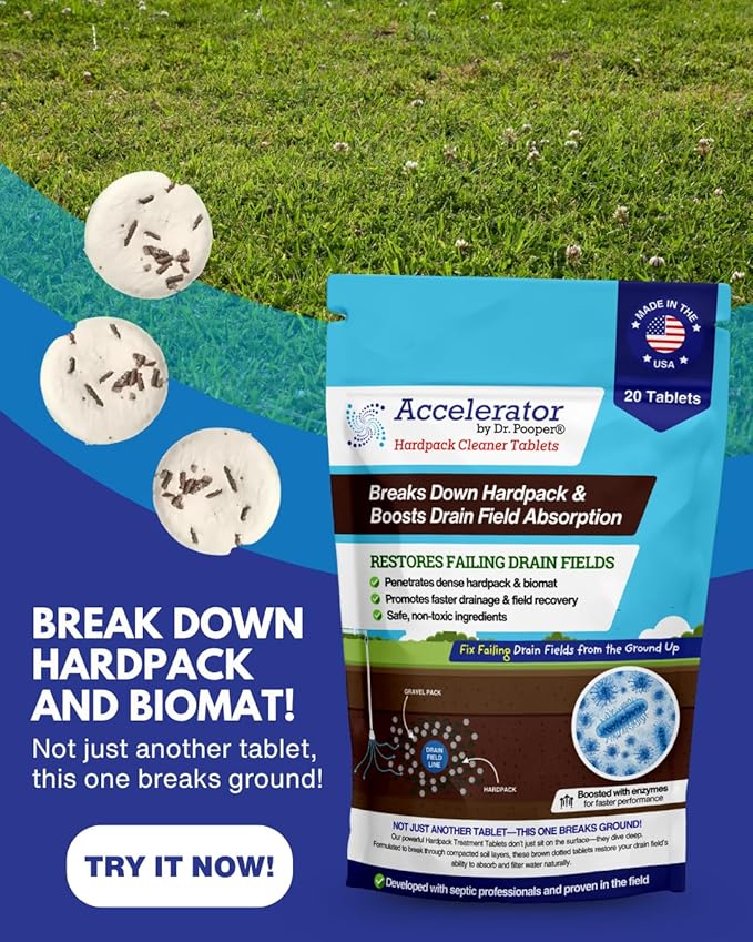 Accelerator by Dr. Pooper® – Hardpack Cleaner Tablets for Septic Systems | Breaks Down Hardpack & Boosts Drain Field Absorption | 20 Tablets - Use with our tool kit — available separately