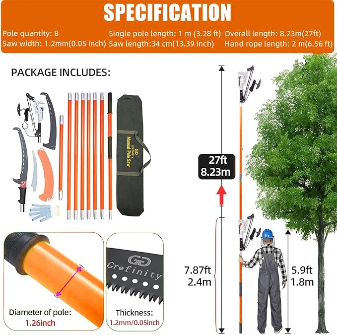 Manual Pole Saw for Tree Trimming, 27 FT Manual tree purner with 8 Fiberglass Handles, Sharp steel Blade and Heavy-Duty Giant Scissors, Extendable Design for Tree Maintenance, Orange