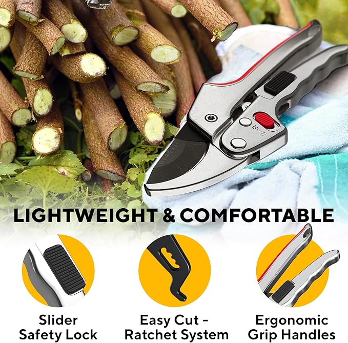 Ratchet Pruning Shears for Gardening Heavy Duty - Increases Cutting Power 3x - Perfect Ratchet Pruners for Weak Hands & Arthritis - 8” Anvil Garden Clippers - Sharp Blade for Effortless Cutting - Red