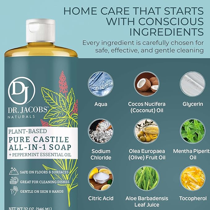 Dr. Jacobs Naturals Peppermint Castile All-in-One Cleaner and Soap - Plant-Based Formula for House Cleaning Floors and Appliances - Gentle on Skin and the Planet - 32 oz, 2 Pack