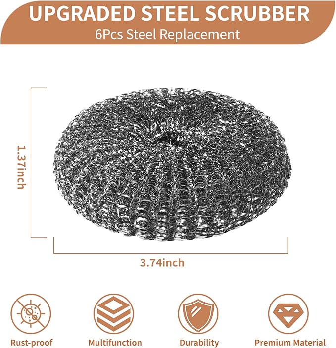 6PCS Steel Wool Scrubber Wire Sponge Set, Barbecue Grill Cleaning Scrubber Pads, Stainless Steel Scrubber Replacement for Scouring Messes from Cast Iron, Pots, Pans, Grill, Stoves, Sink (6 Pads)
