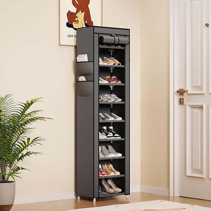 Calmootey 9 Tier Shoe Rack Organizer,Portable Shoe Shelf with Nonwoven Fabric Cover for Closet Hallway,Bedroom,Entryway,17.72x11.81x62.99inches,Grey
