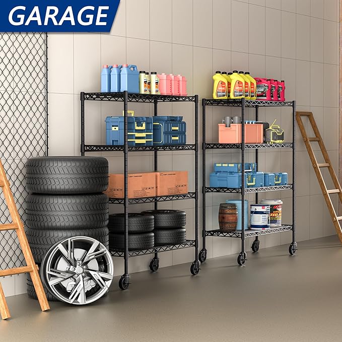 Soywey 4-Shelf Adjustable Heavy Duty Storage Shelving Unit on 4 Wheel Casters, Metal Organizer Wire Rack for Laundry Bathroom Kitchen Pantry Closet, Black
