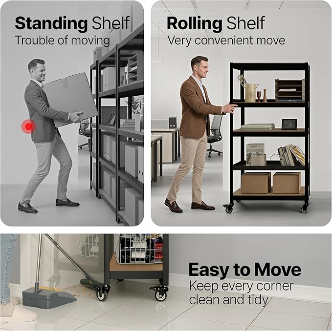HOMEDANT House 48.1" 5-Tier Metal Rolling Cart Shelf Rack Casters Heavy Duty Laminated Wheel Shelving Unit Adjustable Utility Storage Shelves Shelf Kitchen Garage Black 2Pack